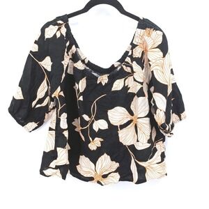 Cynthia Rowley Linen Top Women Large Black Floral Puff Sleeve Scoop Neck Coastal